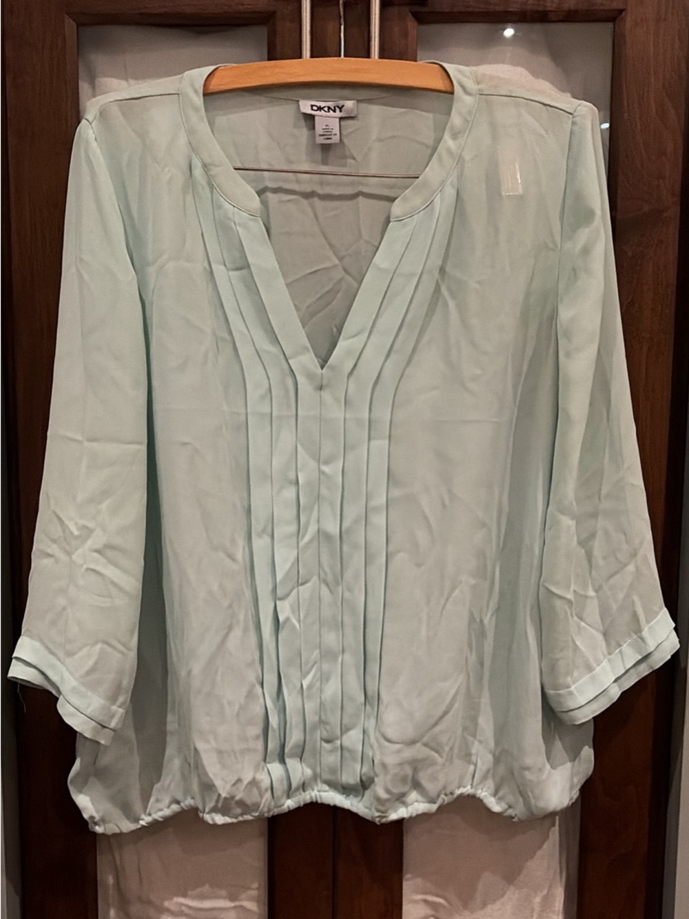 DKNY Mint Green Pintuck V-Neck Tunic Blouse